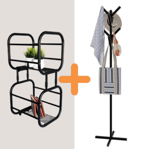 Combo Estanteria 2 niveles delux + Perchero de piso espiga – Negro